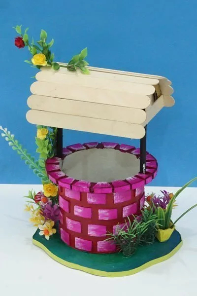 DIY Home Décor Wishing Well Craft from Waste Cardboard and Ice Cream Sticks